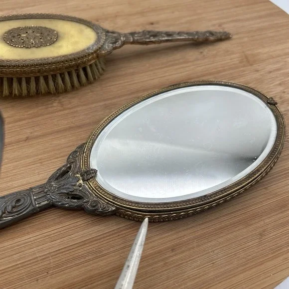 Apollo Hand Mirror & Brush Set Ormolu Filigree Floral Vanity Hollywood Regency Vanity Mirrors